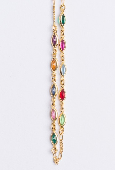 Gouden schakel collier met diverse glas kleur stenen