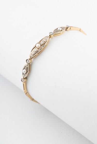 Antieke gouden schakel armband met roos geslepen diamanten en parels
