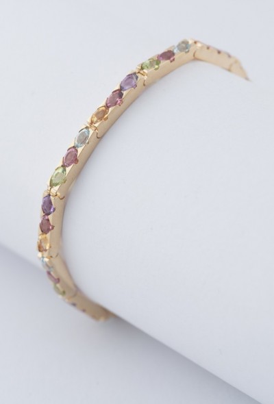 Gouden schakel armband met o.a. toermalijn, spinel, peridoot, emethist en citrien
