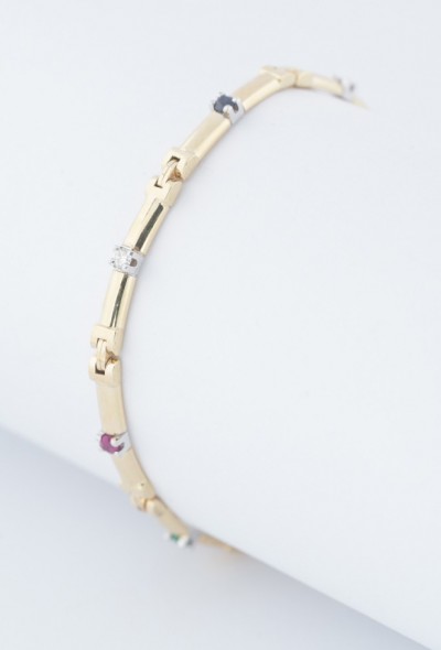 Gouden schakel armband met smaragden, robijnen, saffier en briljanten