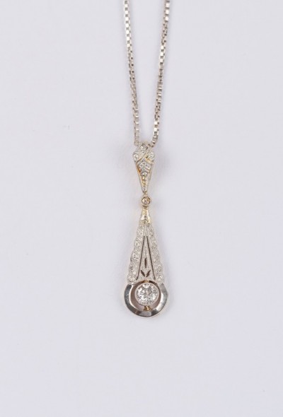 Antieke wit/geel gouden Art Deco hanger aan wit gouden collier