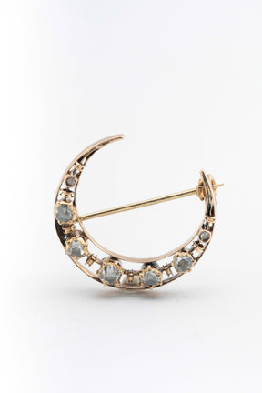 Antique yellow gold moon brooch with diamonds