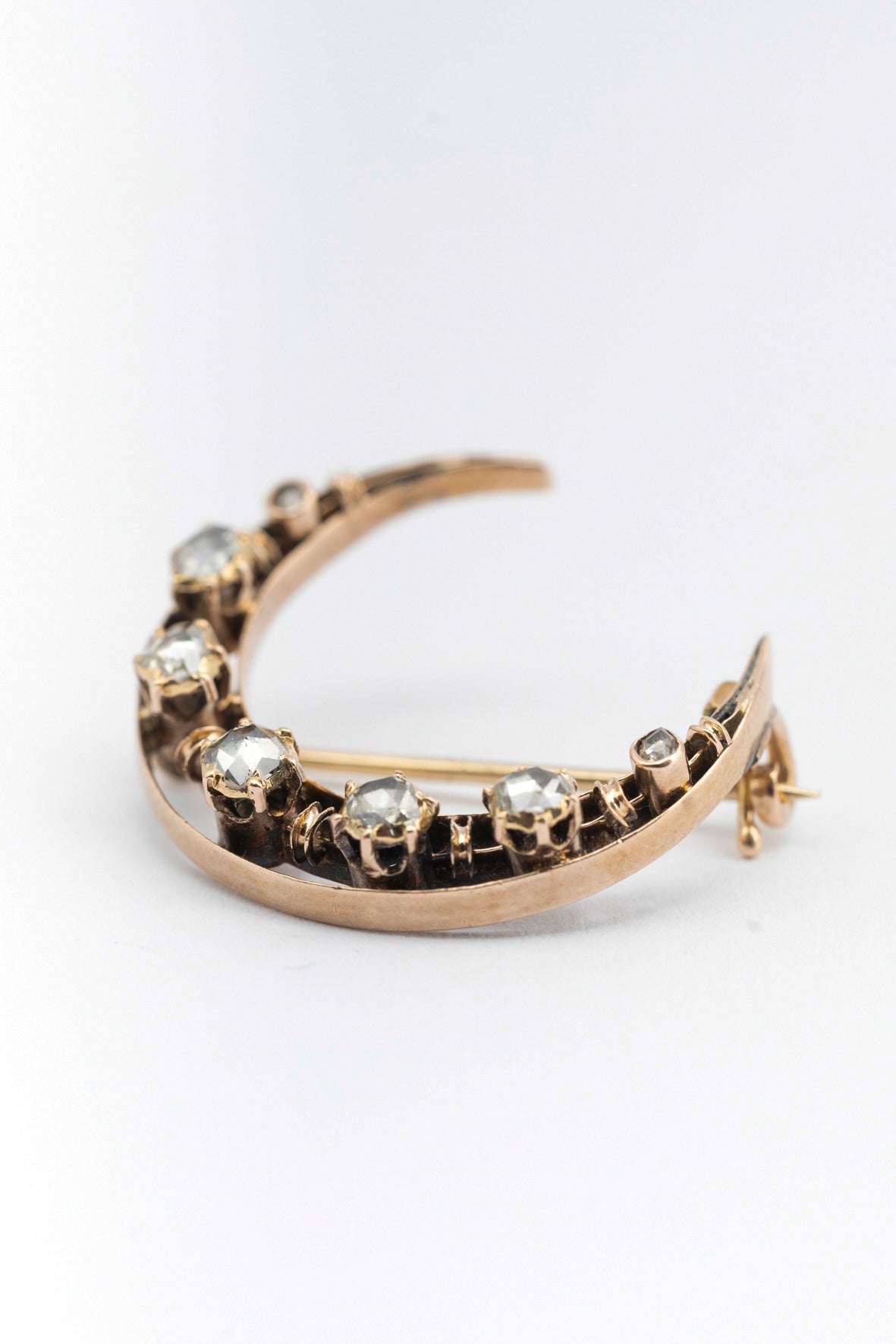 Antique yellow gold moon brooch with diamonds