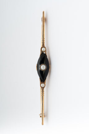 Antieke geel gouden brochette met onyx en parels