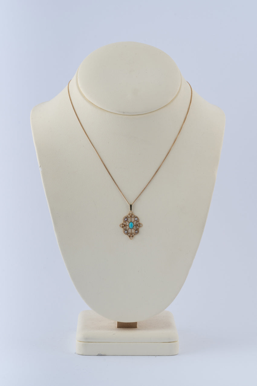 Oude gouden hanger met turkoois en parels aan ouden gourmet collier