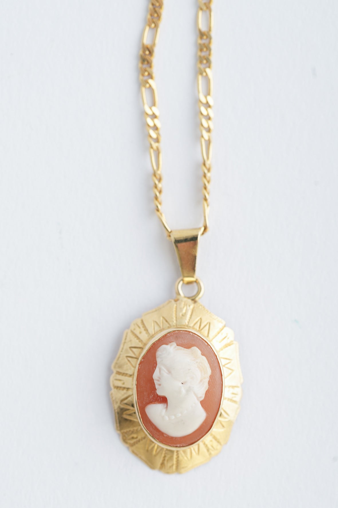 Camée in gouden rand hanger aan gouden figaro collier