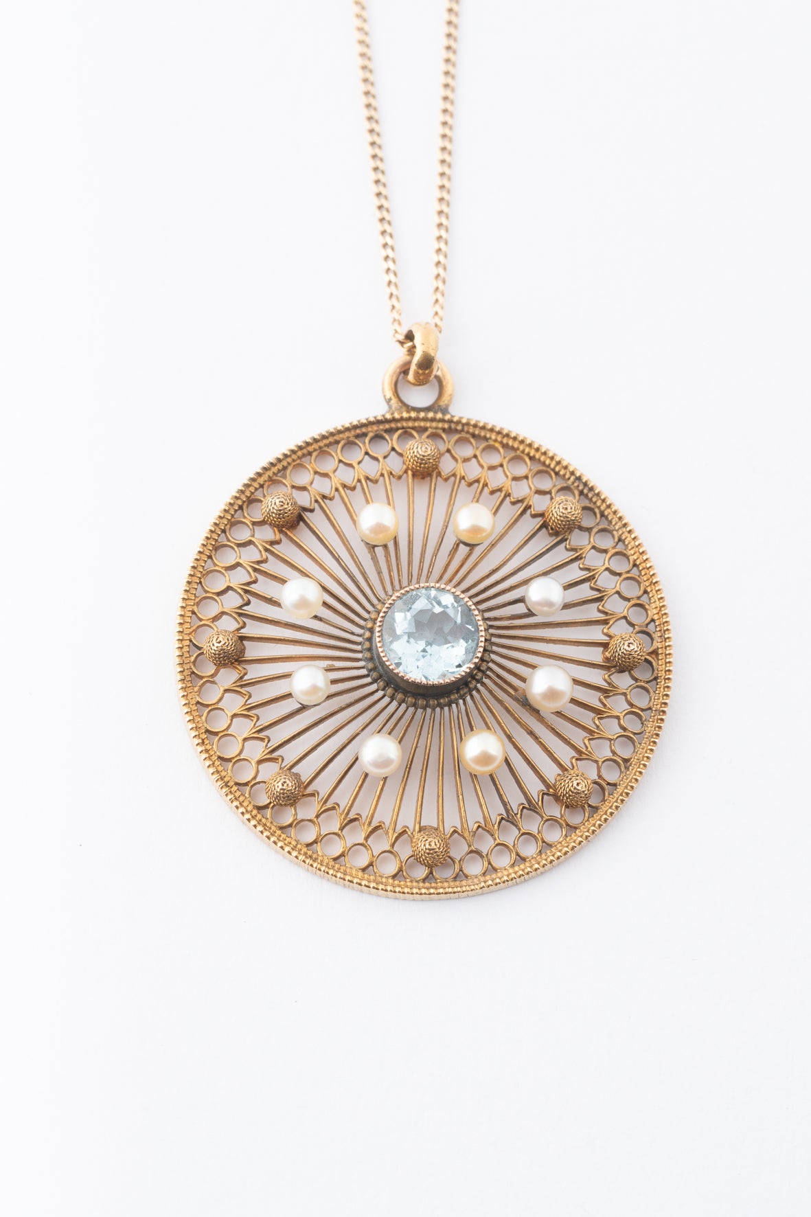 Antique yellow gold pendant with aquamarine and pearls on a gourmet chain