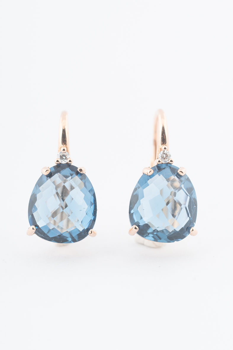 Roségouden oorhangers met briljant en blauw kristal