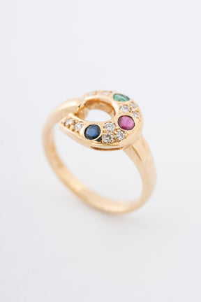 Yellow gold ring with sapphire, ruby, emerald and brilliant-cut diamonds