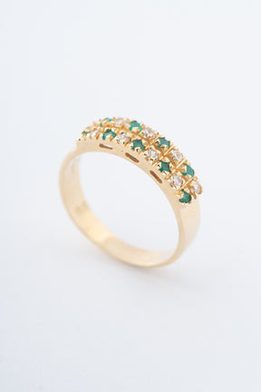 Geelgouden ring met zirkonia's en groen agaat
