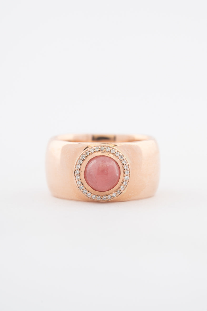 Roségouden entourage ring met rhodochrosiet en briljanten