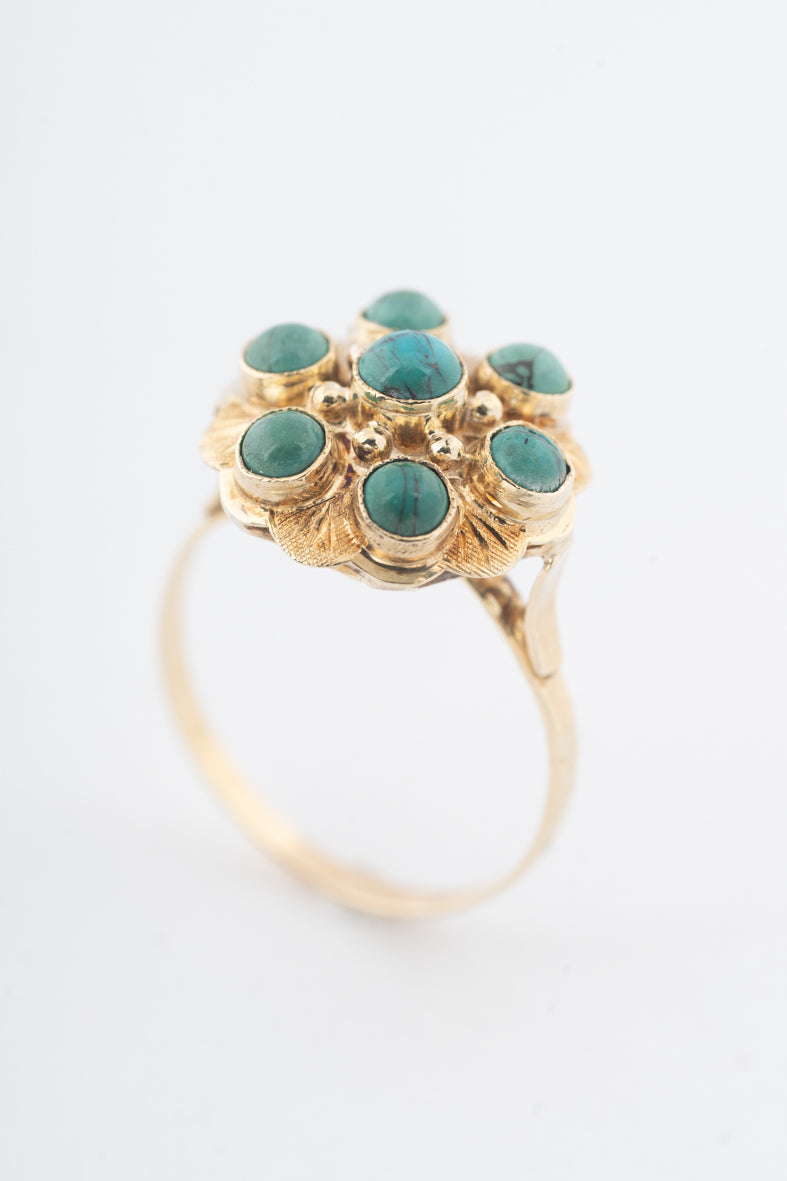 Geelgouden entourage ring met turkooizen