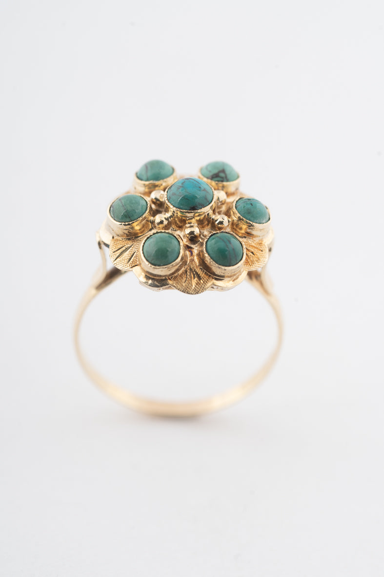 Geelgouden entourage ring met turkooizen