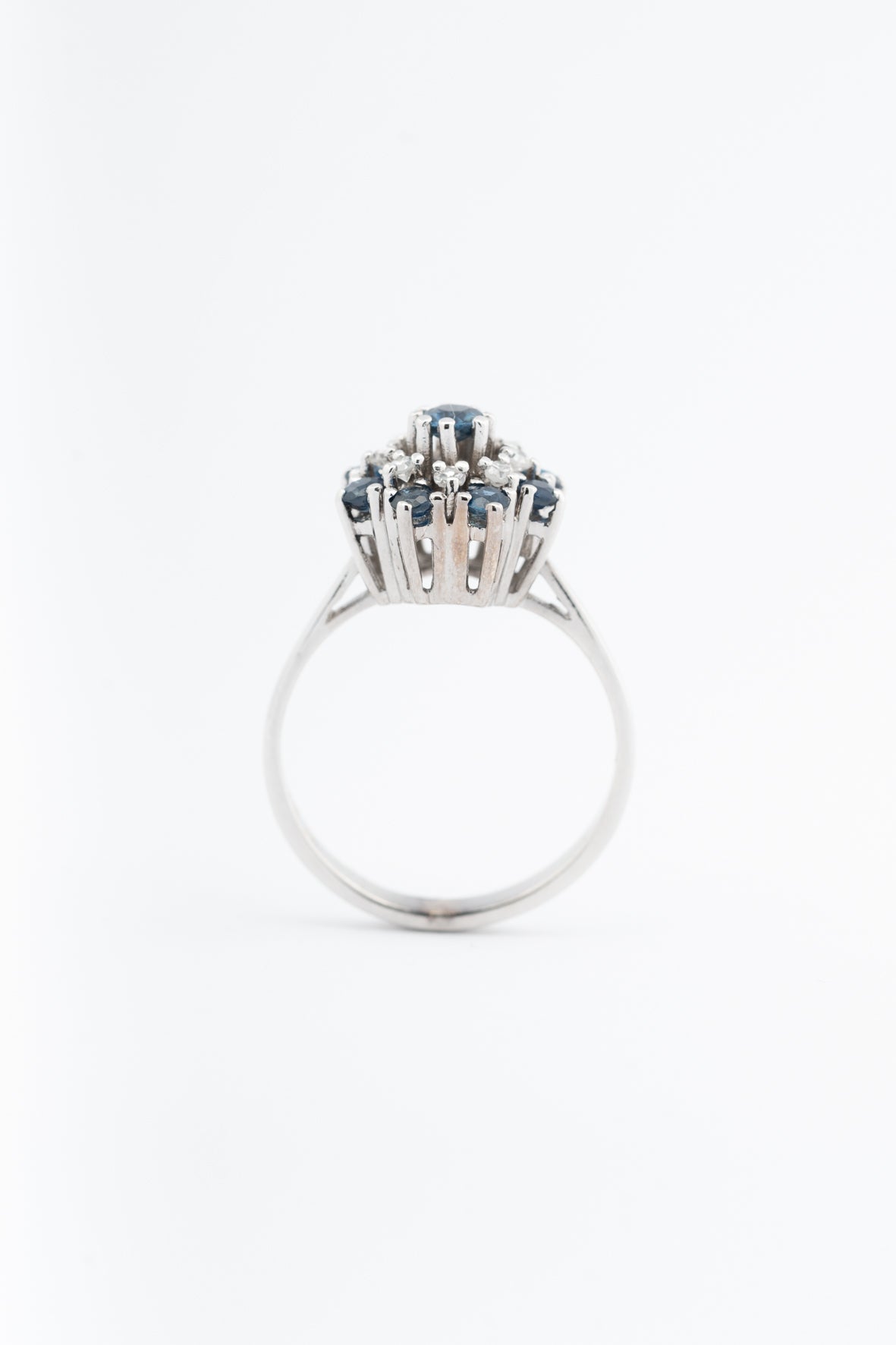 White gold double entourage ring with blue topaz and diamonds