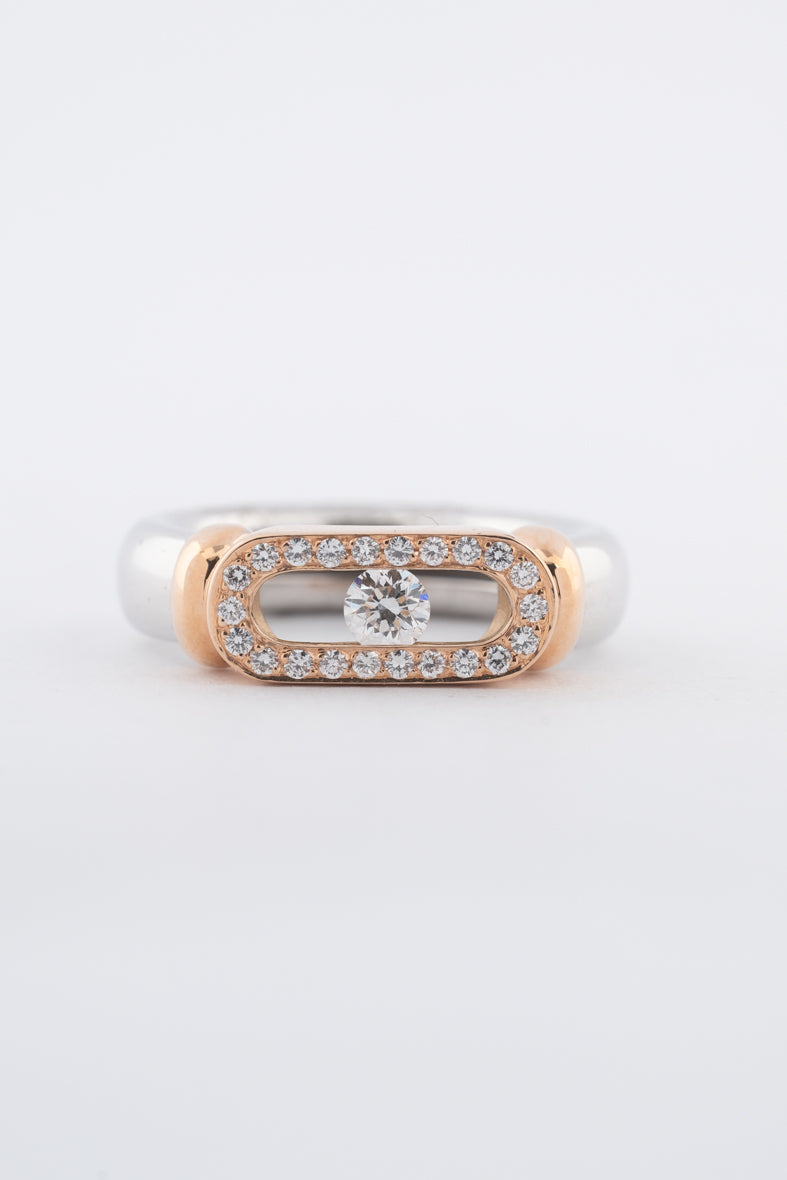 18 krt. wit/rosé gouden ring met een swinging diamond en briljanten