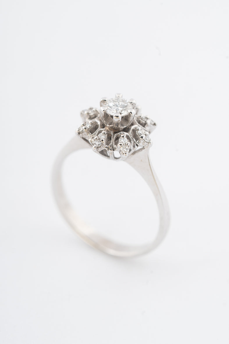 Witgouden entourage ring met een briljant en diamanten