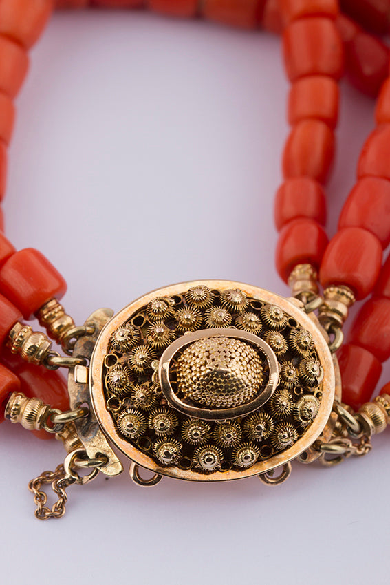 Antique red coral bracelet on an antique clasp with filigree