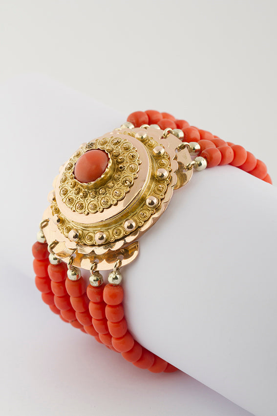 Antique blood coral bracelet with traditional costume clasp