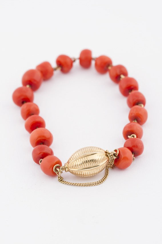 Blood coral bracelet strung on gold
