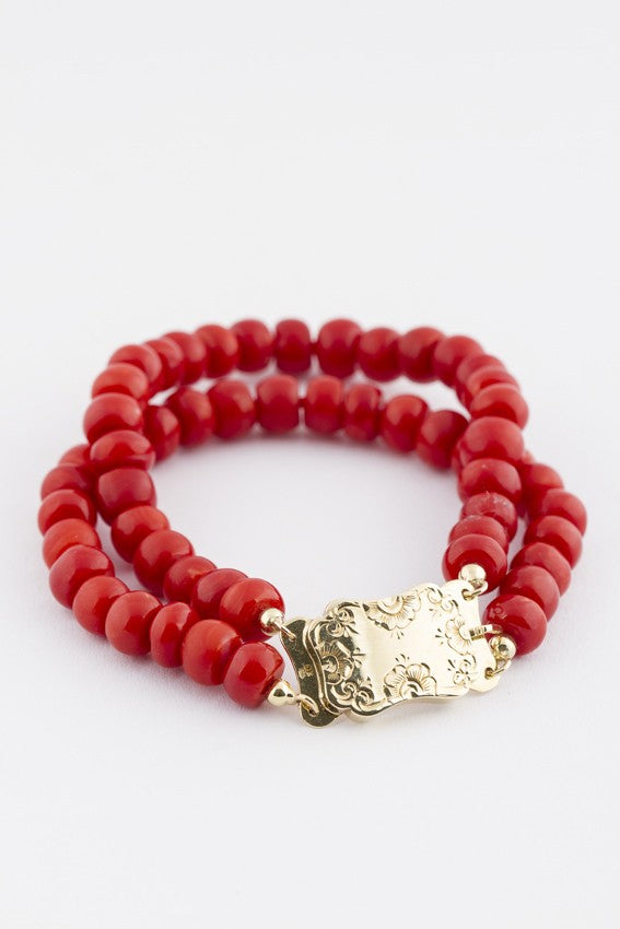 2-strand blood coral bracelet with gold clasp