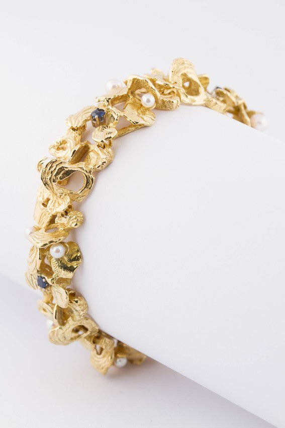 Gouden schakel armband met saffieren en cultivé parels