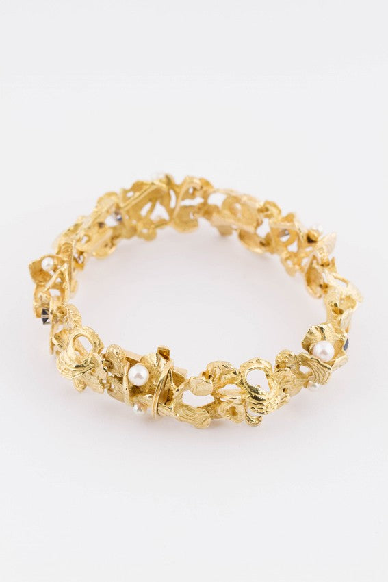 Gouden schakel armband met saffieren en cultivé parels