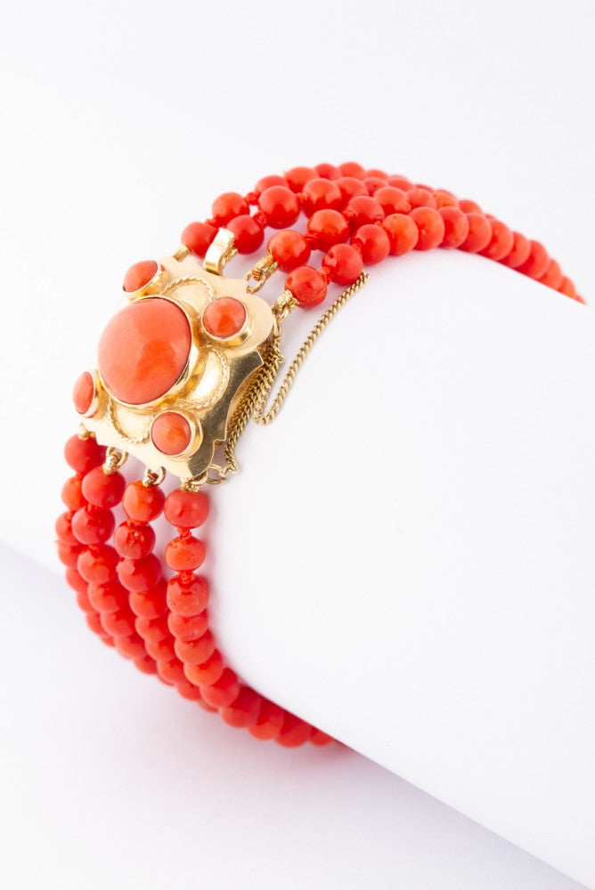 4-strand blood coral bracelet with gold clasp