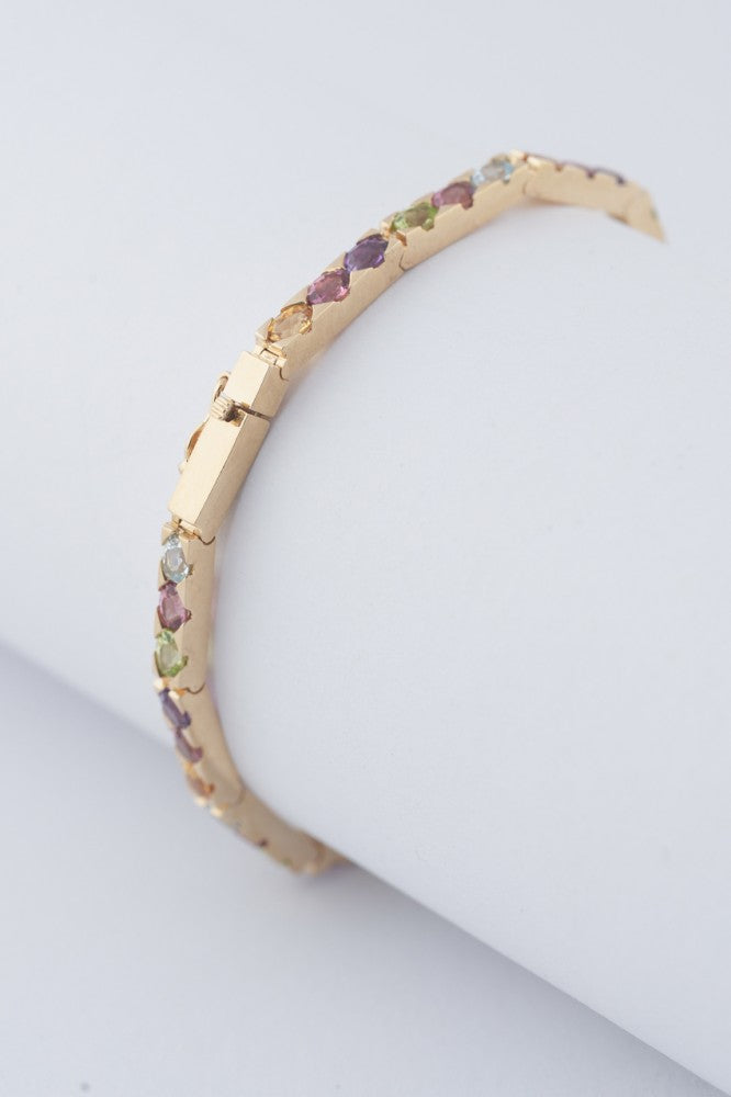 Gold link bracelet with tourmaline, spinel, peridot, emerald and citrine