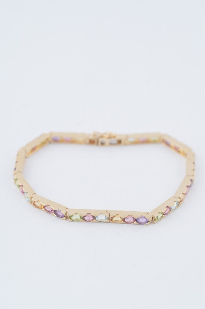 Gold link bracelet with tourmaline, spinel, peridot, emerald and citrine