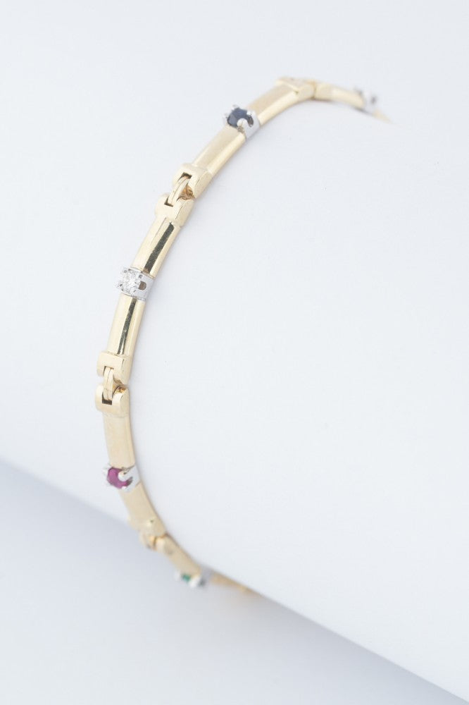 Gold link bracelet with emeralds, rubies, sapphires and diamonds