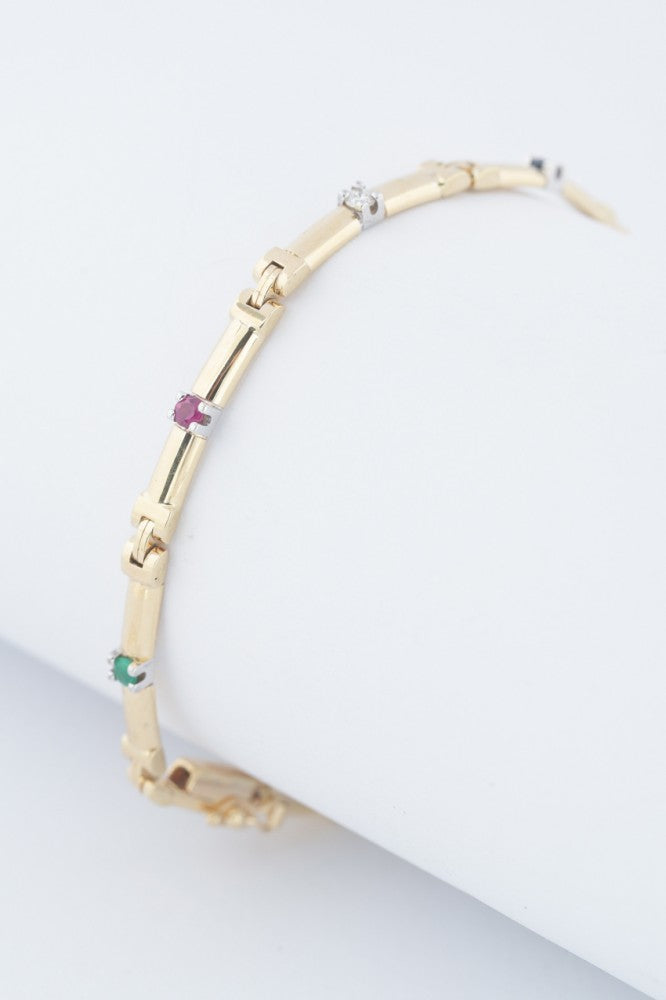 Gold link bracelet with emeralds, rubies, sapphires and diamonds