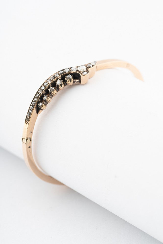 Antique gold bangle with rose-cut diamonds set in silver