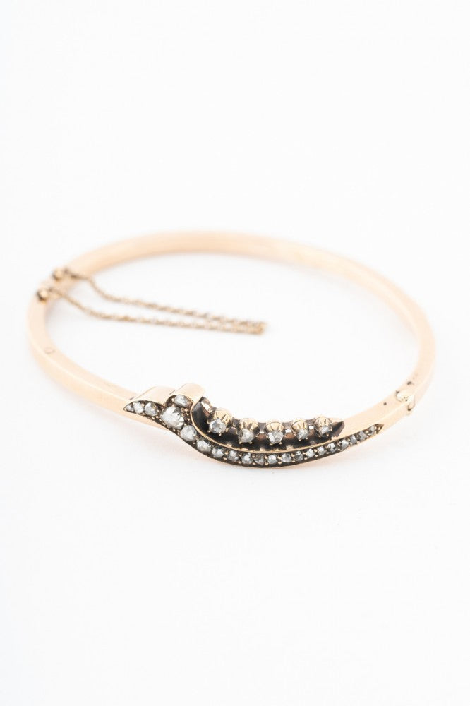 Antique gold bangle with rose-cut diamonds set in silver