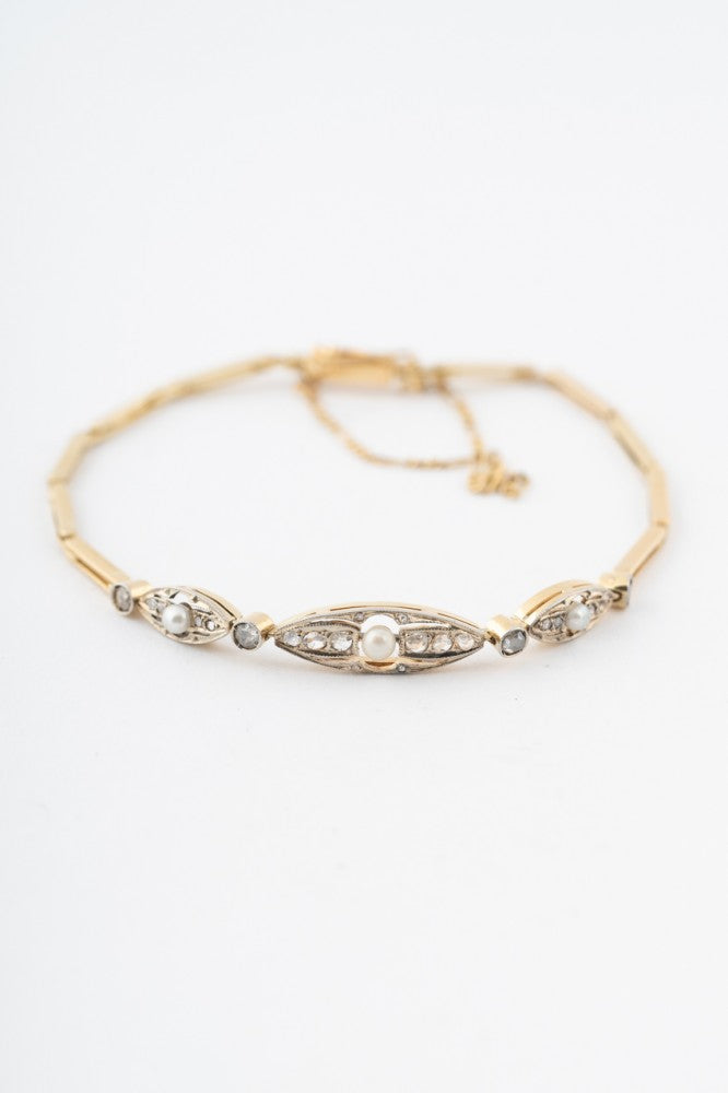 Antique gold link bracelet with rose-cut diamonds and pearls