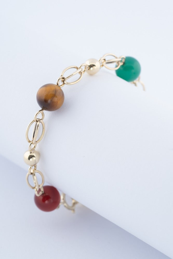 Gouden schakel armband met carneool, wit agaat, groen agaat en tijgeroog