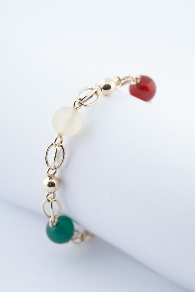 Gouden schakel armband met carneool, wit agaat, groen agaat en tijgeroog