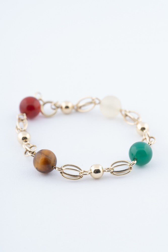 Gouden schakel armband met carneool, wit agaat, groen agaat en tijgeroog