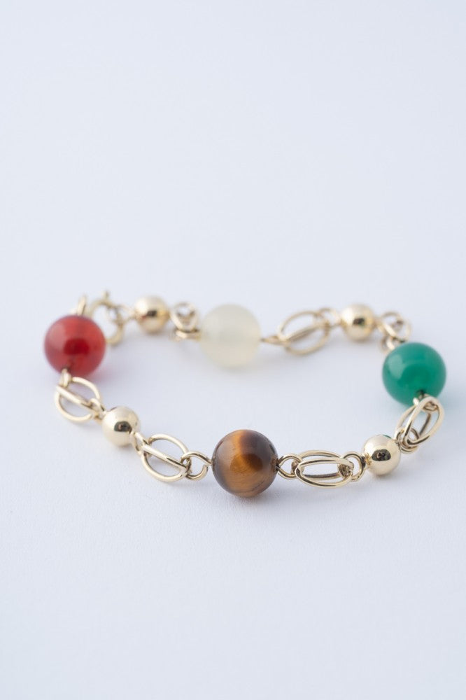 Gouden schakel armband met carneool, wit agaat, groen agaat en tijgeroog