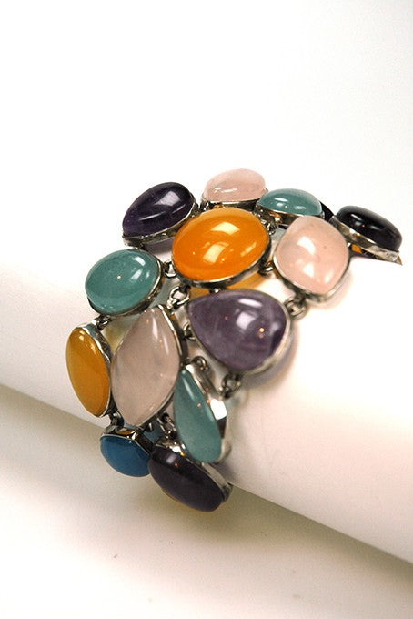 Silver link bracelet with various gemstones
