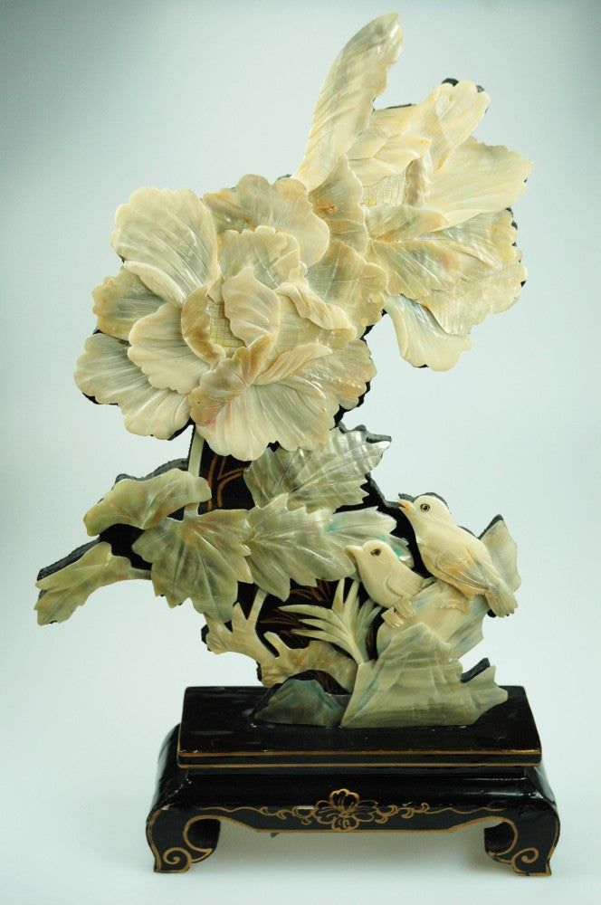 Mother-of-pearl sculpture of peony with birds