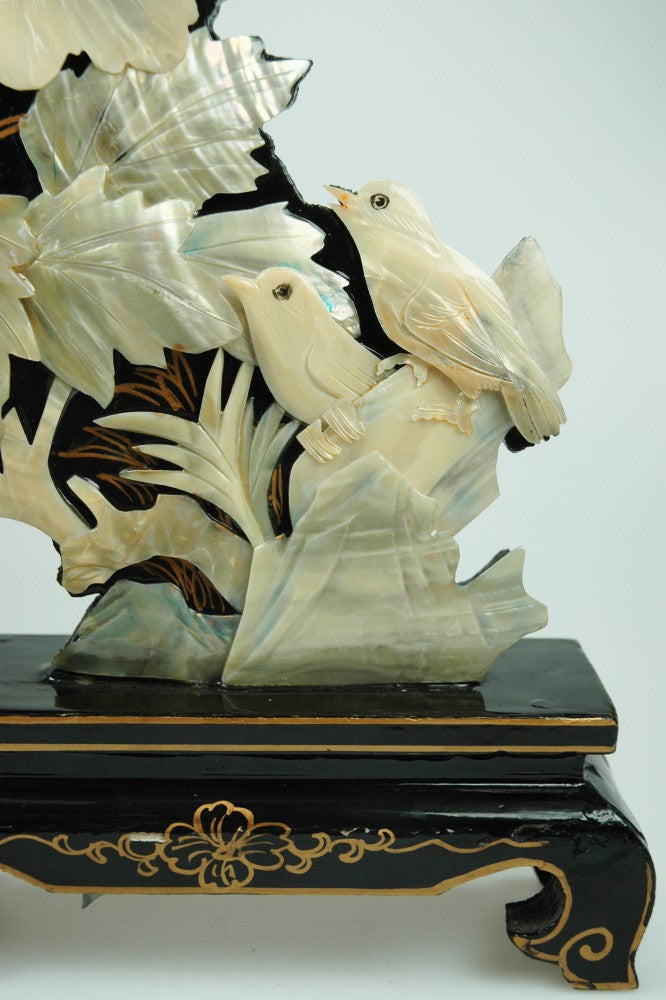 Mother-of-pearl sculpture of peony with birds