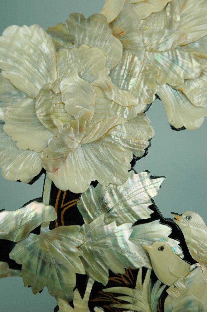Mother-of-pearl sculpture of peony with birds