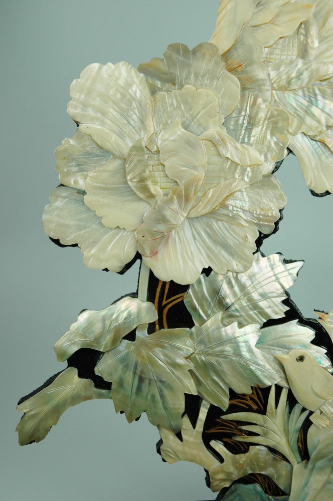 Mother-of-pearl sculpture of peony with birds