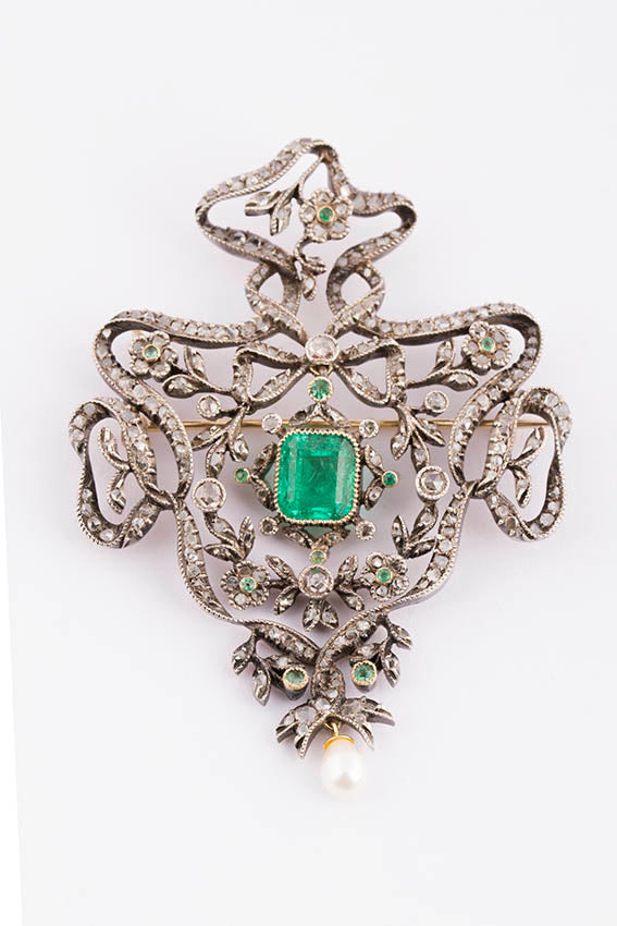 Antieke broche/hanger met smaragd en roos diamanten