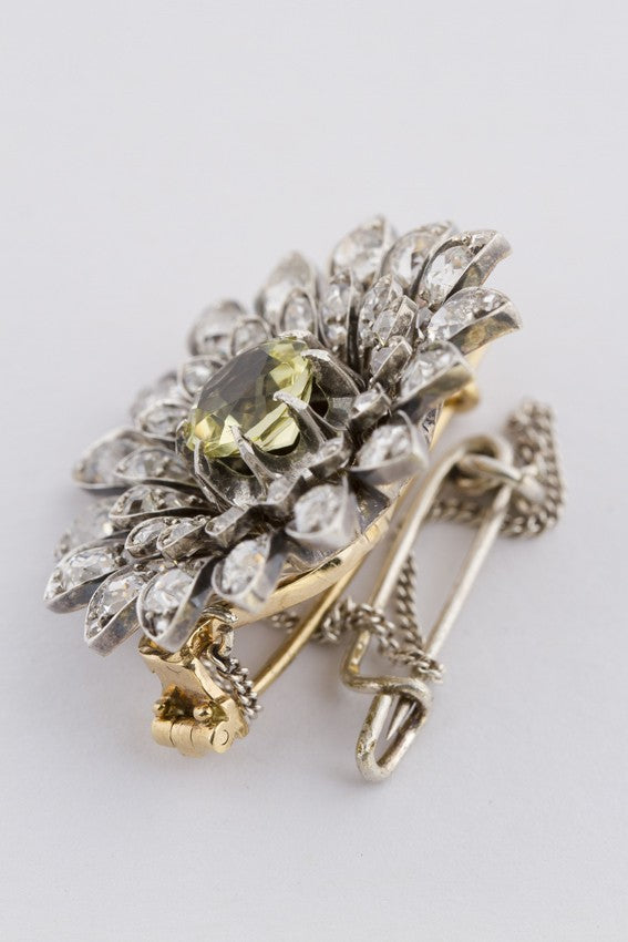 Antieke goud/zilveren bloem broche met citrien en diamanten
