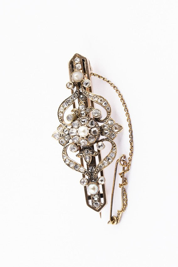 Antieke gouden broche met parels en diamanten