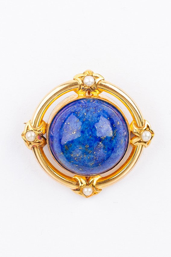 Geel gouden broche met een lapis lazuli en parels
