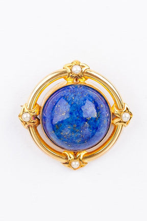 Geel gouden broche met een lapis lazuli en parels