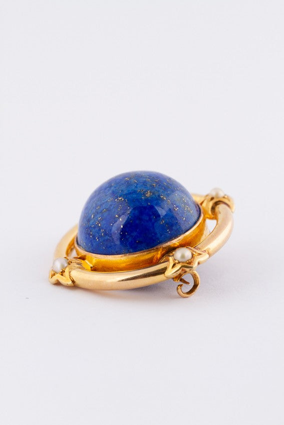Geel gouden broche met een lapis lazuli en parels