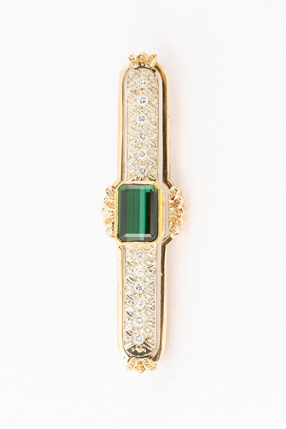 White/yellow gold brooch with tourmaline and diamonds